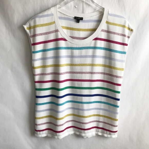 Talbots Cap-Sleeve Metallic Stripe Sweater Size L Cotton Blend Scoop Neck - Picture 2 of 8